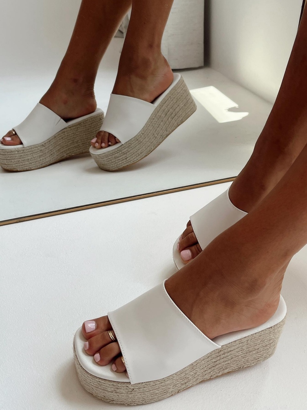 White Espadrille Platform Slide Sandals - Size 8